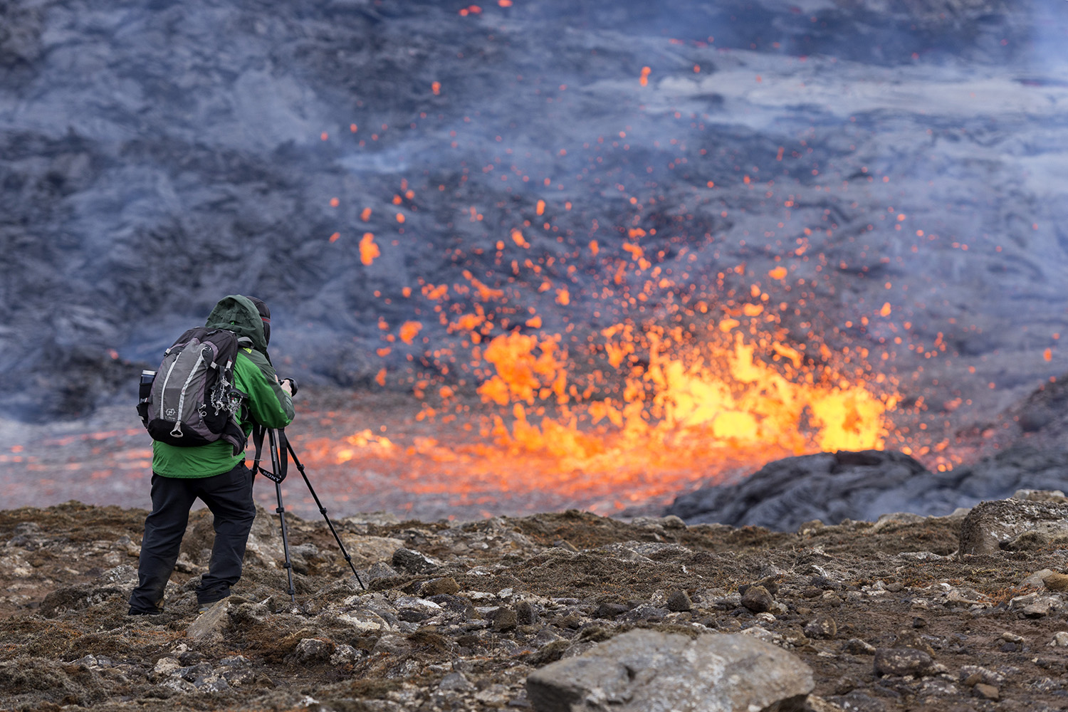 Marco close to the just born fissure #5 during the 2021 Fagradalsfjall eruption, April 13th, 2021.
Photo by: Kerstin Langenberger