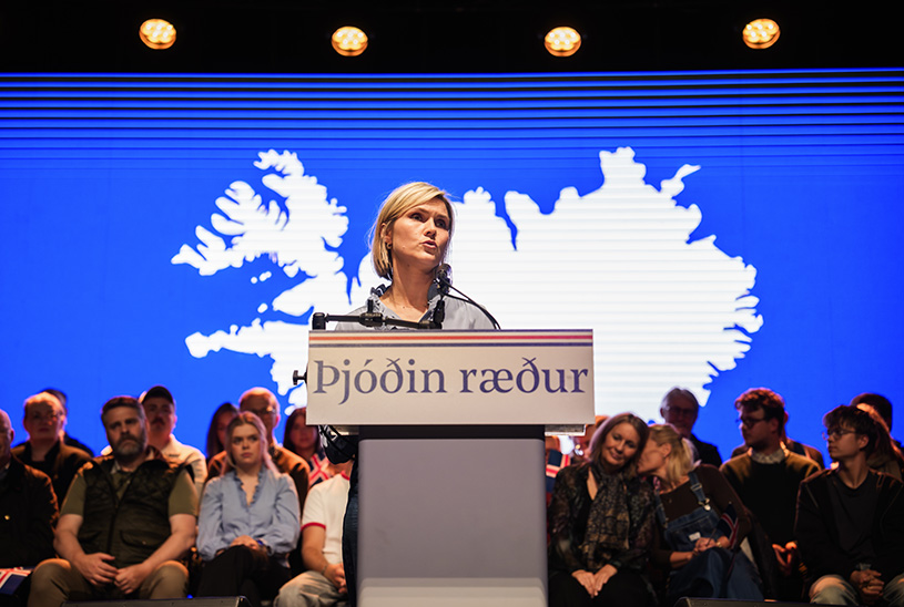 Icelandic Prime Minister Kristrún Frostadóttir speaking at a referendum event in Reykjavík